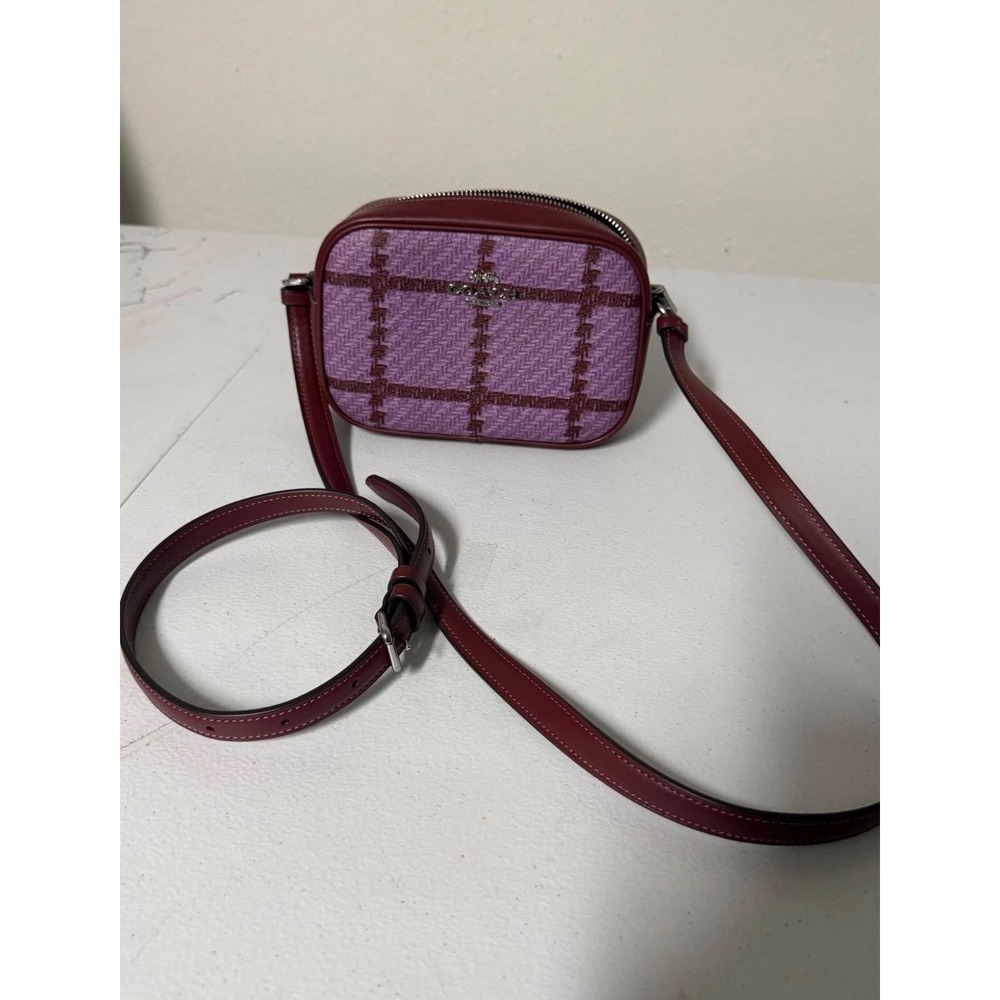 Coach Jamie Camera Bag Burgundy Leather Purple Plaid Tweed Crossbody Purse